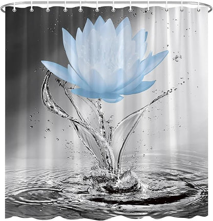 Lotus Shower Curtain Black White Grey Blue Flower Elegant Blooming Floral with Dew Spring Flower Reflection on Water Modern Romantic Polyester Fabric Bathroom Decor 70×90 Inch with Hook