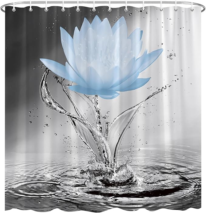 Lotus Shower Curtain Black White Grey Blue Flower Elegant Blooming Floral with Dew Spring Flower Reflection on Water Modern Romantic Polyester Fabric Bathroom Decor 70×78 Inch with Hook