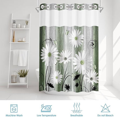 No Hook Green Daisy and Butterfly Shower Curtain with Snap in Fabric Liner Set, Rustic Farmhouse Double Layers Waterproof Fabric with See Through Top Window Open Grommet Bath Curtain 71x86 Inch
