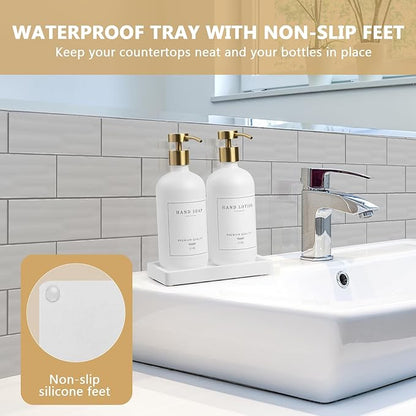 Soap Dispenser Bathroom - Kitchen Dish and Hand Soap Dispenser Set, Glass Bathroom Soap Lotion Dispenser with Pump, Tray, 14 Waterproof Labels, Set of 2 White Bottle/Gold Pump-pd