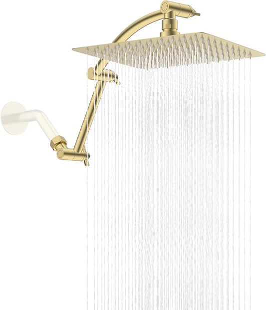 Hibbent All Metal cUPC Certified Rain Shower Head, 10'' High Pressure Rainfall Showerhead with 16" Shower Head Extension Arm, Brass Adjustable Shower Arm Extender, fixed Showerheads, Brushed Gold