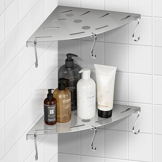 XIHLZYEH Corner Shower Shelves, 2 Pack 304 Stainless Steel Shower Shelf with 6 Hooks 40 lbs Heavy Duty, Rustproof Wall Mounted Organizer for Bathroom Drilling Installation (Silver)