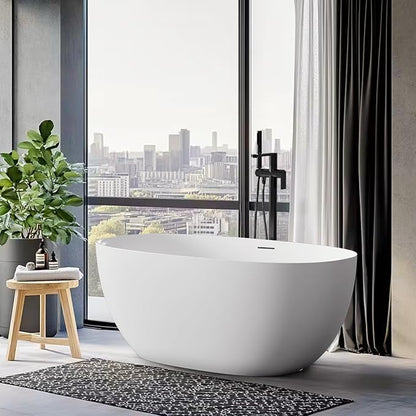 Stone Resin Freestanding Bathtubs,Soklawah 67" Solid Surface Luxury Soaking Tub,Oval Stand Alone Bathroom Bath tub with Drain & Integrated Slotted Overflow,Matte White Elegant Soaker Free Standing Tub
