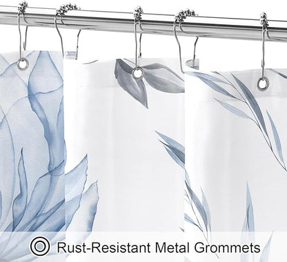 Blue and Grey Boho Watercolor Floral Shower Curtain, Ink Painting Style Blossom & Leaf Shower Curtains for Chic Elegant Bathroom, Artistic Fabric Cloth Flower Shower Curtain, 72x72