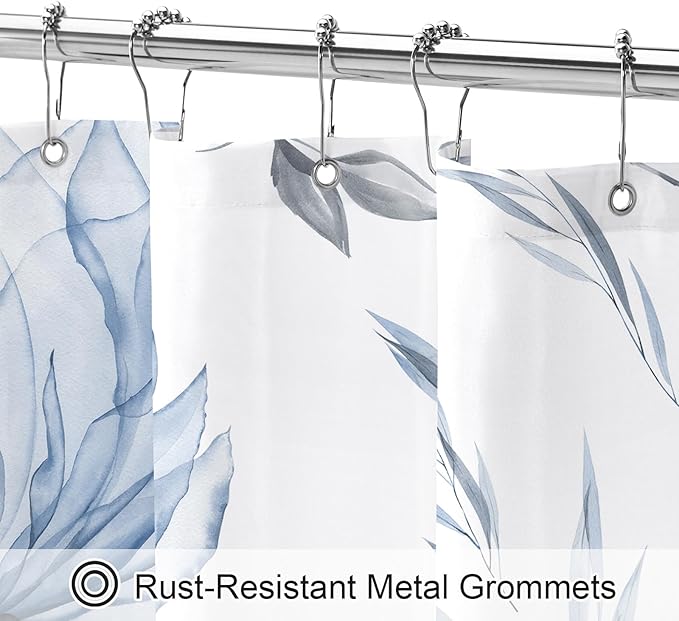 Long Boho Watercolor Floral Shower Curtain 72 x 78, Blue and Grey Ink Painting Style Flower Shower Curtains for Chic Elegant Bathroom, Artistic 78 Inch Long Fabric Shower Curtain
