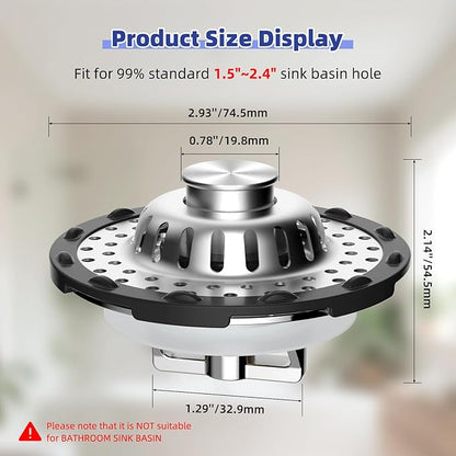 Metal 2 Pack Bathtub Drain Stopper with Top Hair Catcher, Innovative 3 in 1 Pop-up Bathtub Strainer, Tub Stopper with Detachable Stainless Steel Filter Basket for Standard 1.5 to 2.4'' Drain, Chrome