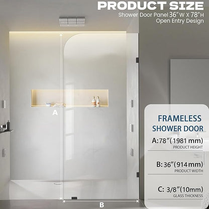 Frameless Shower Door, 36" W ×78" H Fixed Shower Glass Panel with Clamps, 3/8" (10mm) Glass Shower Doors, Clear Tempered Bathroom Shower Screen in Matte Black