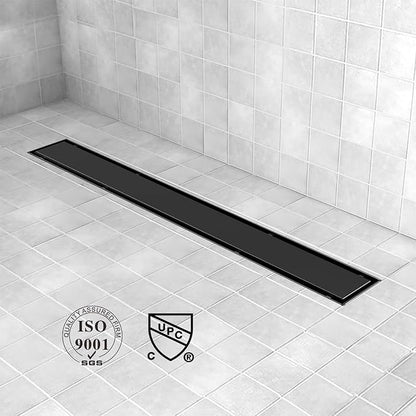 Offset Linear Shower Drain, Brushed 304 Stainless Steel Side Outlet Black Floor Drain with Hair Catcher and Adjustable Feet (48 inch)