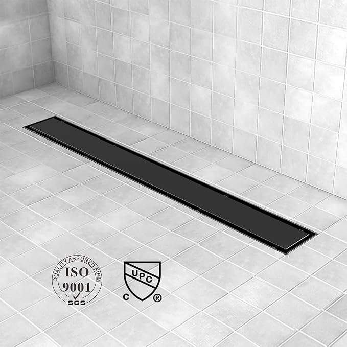 Offset Linear Shower Drain, Black Shower Drain 32 inch with 2-in-1 Tile Insert Cover, Brushed 304 Stainless Steel Side Outlet Black Shower Floor Drain with Hair Catcher and Adjustable Feet