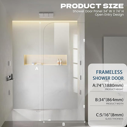 34" W ×74" H Shower Glass Panel, Frameless Fixed Glass Shower Panel with Clamps, 5/16"(8mm) Thick Clear Tempered Glass Shower Door, Bathroom Shower Screen in Polished Chrome Finish