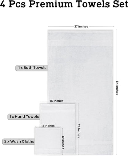 Casa Lino 100% Cotton Bath Towels Set of 4 (1 Bath Towel, 1 Hand Towel & 2 Wash Cloths) - Bathroom Towels and Washcloths Set - Complete Bathroom Set - Guest Room Essentials - (White)