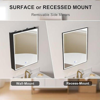 WELLFOR 24" X 30" LED Mirrored Medicine Cabinet, Medicine Cabinets with Lights for Bathroom, Defogging Mirror, Led Medicine Cabinet, Recessed or Surface Mounted, Single Right Opening Door