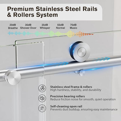 Frameless Glass Shower Door, 49-54" W x 76" H Sliding Frameless Shower Door, 1/4''(6mm) SGCC Tempered Glass, Explosion-Proof Film Nano Coating, Stainless Steel Hardware, Brushed Nickel