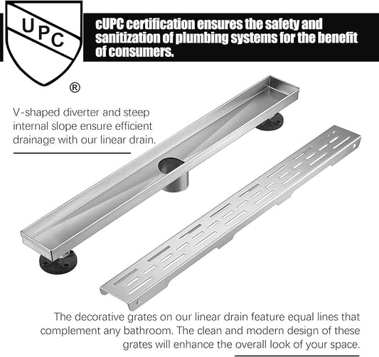 HEATGENE 36-Inch Linear Shower Drain in Brushed - Stainless Steel Rectangular Shower Floor Drain - Removable Decorative Cover - Adjustable Leveling Feet - CUPC Certified