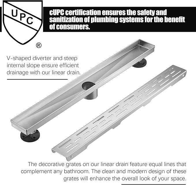HEATGENE 24-Inch Linear Shower Drain in Brushed - Stainless Steel Rectangular Shower Floor Drain - Removable Decorative Cover - Adjustable Leveling Feet - CUPC Certified