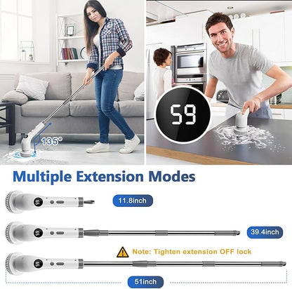 Qimedo Handheld Spin Scrubber with Extended Long Handle, Rechargeable Electric Scrubber for Cleaning, Cordless Power Dish Scrubber with 6 Brushes for Bathtub Grout Tile Floor