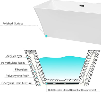 FerdY Sentosa 59" Acrylic Freestanding Bathtub, Contemporary Design Soaking Tub with Matte Black Drain and Minimalist Linear Design Overflow, Easy to Install
