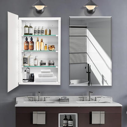 Bathroom Medicine Cabinet with 20"x26" Frameless Beveled Mirror,Recessed or Surface Mount, Space-Saving Storage for Toiletries,White Finish,Easy Installation