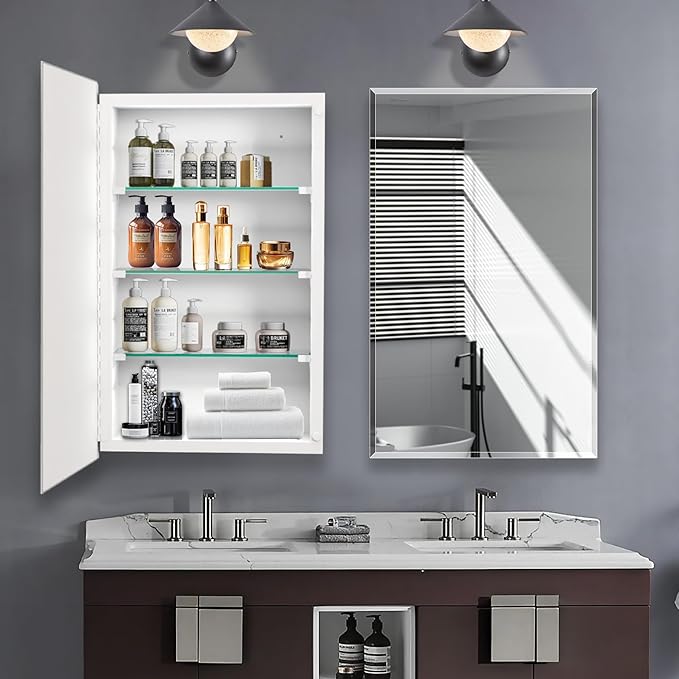 Bathroom Medicine Cabinet with 20x30 in Rectangular Beveled Frameless Mirror,Wall Mounted Mirror Cabinet for Bathroom Toilet Kitchen,Recess or Surface Mount,Already Assembly