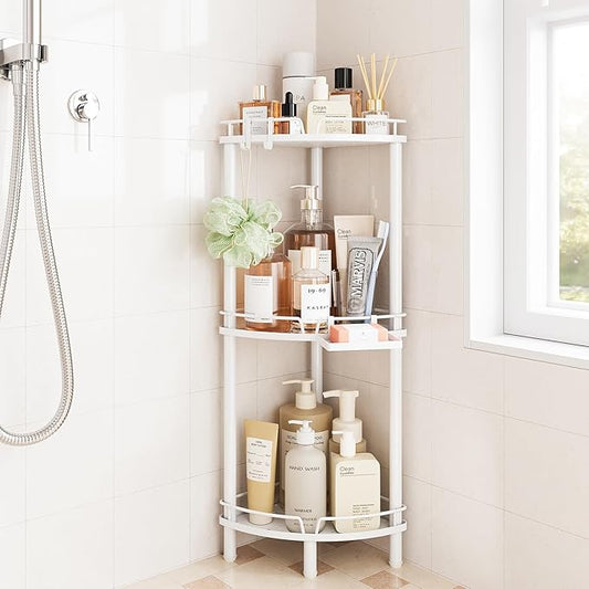 ELYKEN Corner Shower Caddy Standing, 3 Tier Rustproof Metal Shower Organizer with Soap Holder, Floor Shower Corner Shelf Rack Storage Stands with Adjustable Feet & 2 Hooks for Bathroom, White