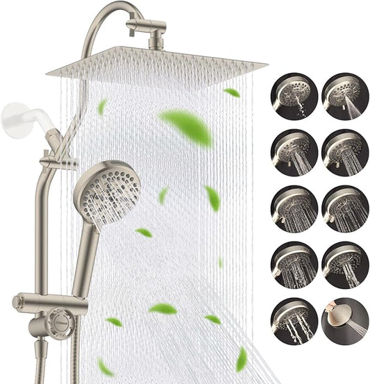 Hibbent cUPC Certified All Metal 12" Rainfall Showerhead Combo, High Pressure Shower Head with 10-Sprays Handheld, Innovative 4-way Diverter with Pause Mode, 71'' Shower Hose & Holder, Brushed Nickel