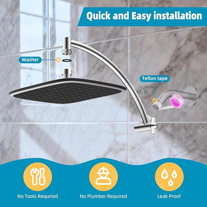 Rain Shower Head with 12" Shower Head Extension Arm, 10" High Pressure Boosting Rainfall/Fixed Showerhead 2.5 GPM, Metal Shower Head Extender Adjustable Height Angle, Easy 1-Min Installation, Chrome