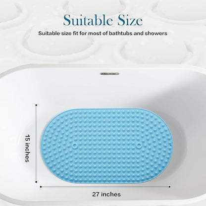 Silicone Bathtub & Shower Mat Non Slip, Bubble Massage Anti Slip Shower Floor Mat with 27 x 15 Inches for Easy Storage, Machine Washable Bath Mat for Tub with All Ages, Blue, Oval