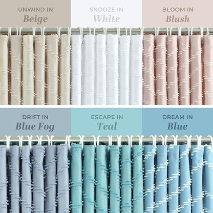 Light Blue Boho Fabric Shower Curtain Tufted Chevron Striped Textured Cloth Curtains for Bathroom, Fog Blue