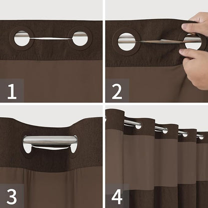 Extra Long No Hooks Needed Linen Textured Shower Curtain with Snap-in Fabric Liner Set,White Hotel Luxury Decor Shower Curtains for Bathroom,Waterproof & Washable,71Wx86H,Brown