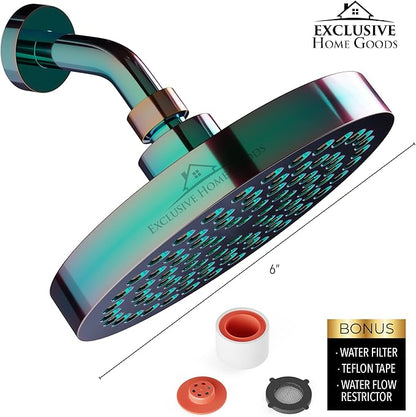 Rainfall Shower Head - 6" High Pressure Shower Heads - 1.8 GPM Shower Heads with Anti-Clog 90 Rubber Jets - 360° Rotation Adjustable Shower Head - Rustproof Bathroom Shower Head - Polished Rainbow