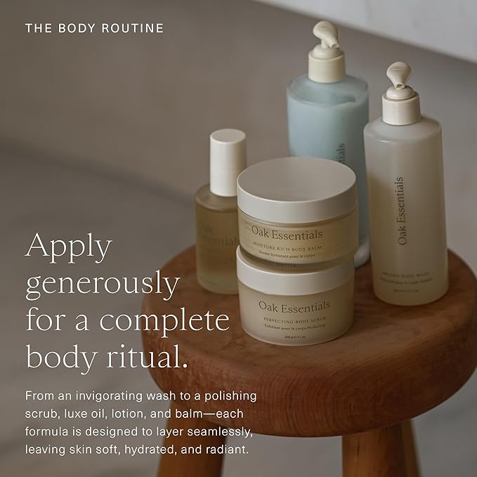 Oak Essentials The Body Routine Set | 5-Step Spa Kit with Blue Tansy Body Lotion, Body Oil, Wash, Scrub & Balm for Hydrated Skin
