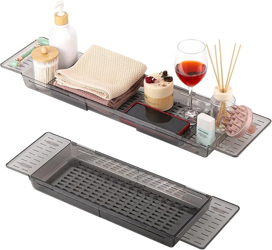 2 Pack Bathtub Tray Caddy - Expandable Bath Tray for Tub Bath Table Trays Storage Rack with Book and Wine Glass Holder, Bathroom Accessories for Spa, Gray