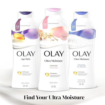 Olay Body Wash for Women, Ultra Moisture, For Sensitive Skin, Soothing Formula, 24hr Moisturizing, Hydrating & Refreshing, B3 Vitamin Complex, Free of Parabens & Phthalates, Oat Extract Scent,22 fl oz