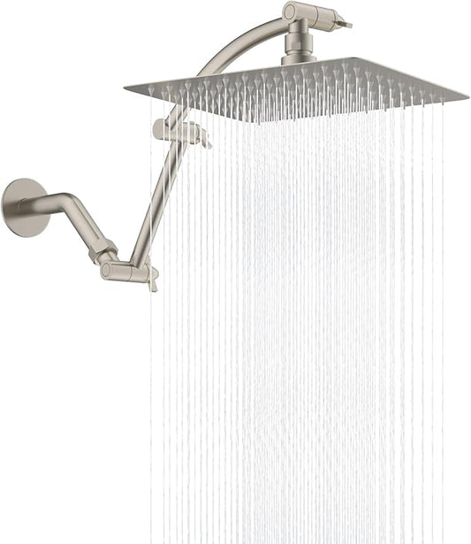 Hibbent All Metal cUPC Certified Rain Shower Head, 10'' High Pressure Rainfall Showerhead with 16" Shower Head Extension Arm, Brass Adjustable Shower Arm Extender, fixed Showerheads, Brushed Nickel