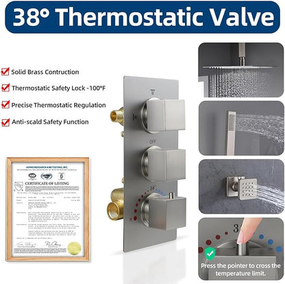 HOMEDEC Brushed Nickel 3 Way Shower Valve Thermostatic Anti-scald with 3 Square Knobs, Water Diverter Temperature Control Brass Rough-in Valve