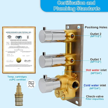 2 Way Shower Diverter Valve Brass 2 Functions Thermostatic Shower Mixing Valve Kit 3 Handle Flow Control Valve, 3/4 Inch Inlet, Can Run Simultaneously(Chrome)