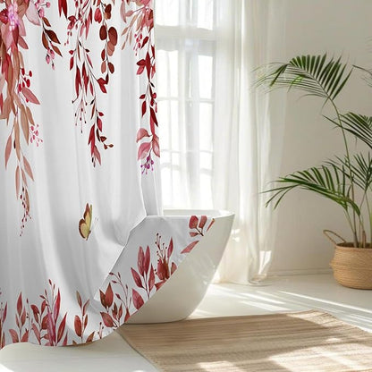 No Hook Shower Curtain and Liner Set, Red Eucalyptus Floral Shower Curtains for Bathroom, Bath Curtain Sets with Snap in Liner, Waterproof with See Through Top Window, 71x74 Inches