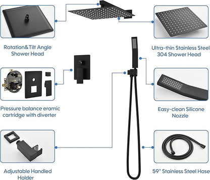 WELLFOR 12-In Wall Mounted Rain Shower Faucet with Single Handle and Handheld Spray, Waterfall Dual Head Shower Head System with 2-way Diverter, Pressure-balanced Valve Included, Matte Black
