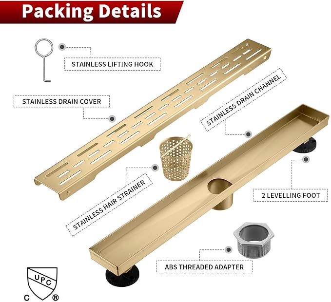 Sharp-tec Linear Shower Drain, 32 inch Shower Drain with Removable Pattern Cover, Brushed Gold 304 Stainless Steel Rectangle Floor Drain, Adjustable Feet and Hair Strainer Included (Model 101)