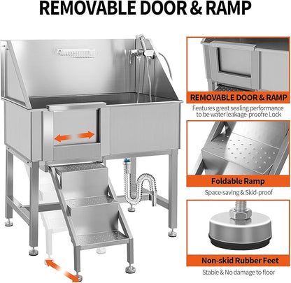 38" Stainless Steel Dog Cat Pet Grooming Bath Tub (w/Faucet, Sprayer, Shampoo Rack),Left Door