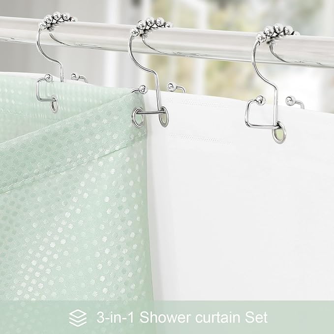 3 in 1 Long Mint Green Shower Curtain Set-72 W x 78 H, Modern Waffle and PEVA Liner Set with 12 Stainless Steel Hooks, Waterproof Fabric for Bathroom