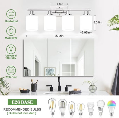 4-Light Vanity Light with Milky White Shades, Chrome Bathroom Lighting Fixtures Over Mirror, Modern Bathroom Wall Lamp for Mirror Living Room Cabinet Bedroom