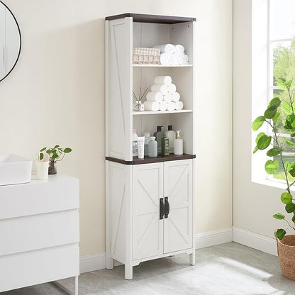 70.87 Tall Bathroom Storage Cabinet, Farmhouse Storage Cabinet with 2 Barn Doors and Adjustable Shelves, Bathroom Organizer for Living Room, Entryway, Kitchen (Antique White)