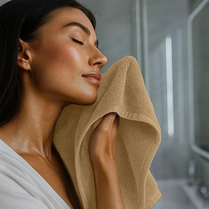 RIVERSIDE 12 Pack Washcloths - 12x12 Inches, 400 GSM, 100% Ring-Spun Cotton - Soft, Absorbent & Durable Face and Body Towels - for Bathroom, Spa, Gym, Makeup Removal & Everyday Use - Tan