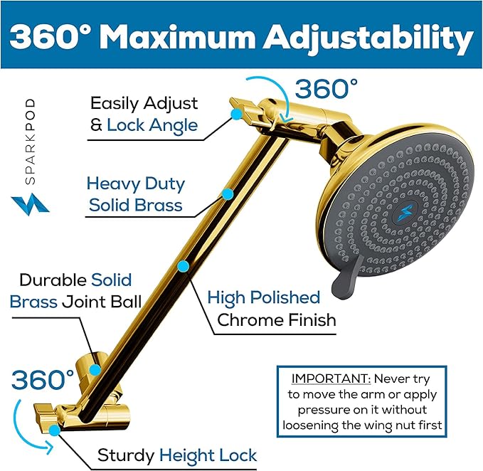 SparkPod 11" Solid Brass Shower Head Extension Arm - Flexible Height & Angle Adjustable Shower Arm Extension for Rain Showerheads with Sturdy Lock - Universal Pipe Connection (Egyptian Gold)
