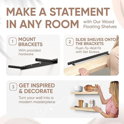 Homeforia 24 inch Wood Floating Shelves, High End Solid Natural Wood 24inch Floating Shelf for Wall, Unfinished Wooden 24 inches Floating Shelves, Heavy Duty Bracket, 24 X 6.5 X 1.75 in, Set of 3