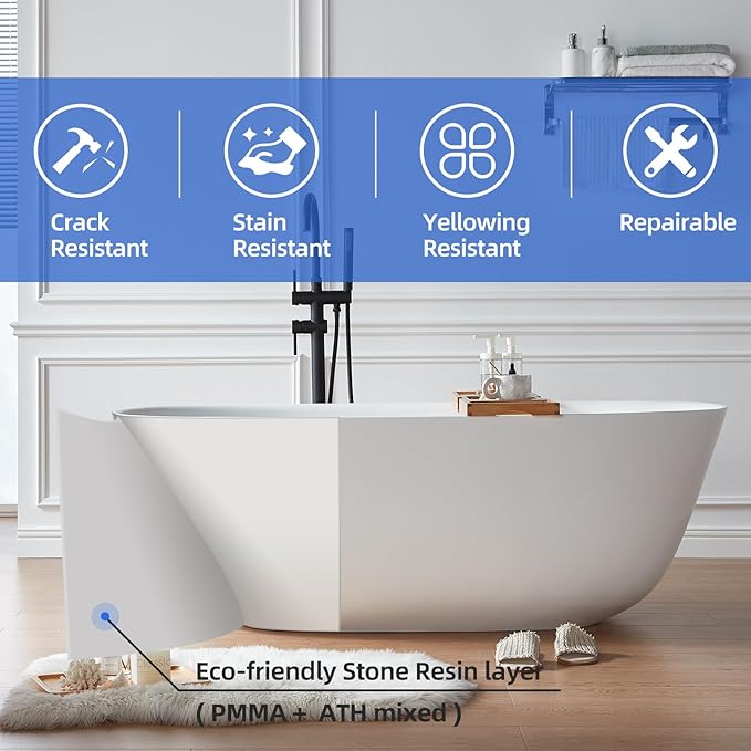 Cpingao (63"Lx31.5"Wx22"T) Stone Resin Solid Surface Freestanding Bathtub, Modern Elegant Design Soaking Stand Alone Tub, Matte White, Chrome Drain and Overflow Included 8823A