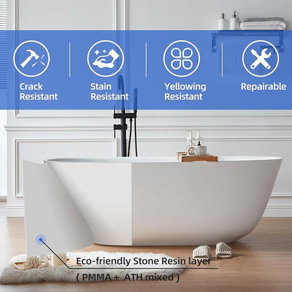 Cpingao (63"Lx31.5"Wx22"T) Stone Resin Solid Surface Freestanding Bathtub, Modern Elegant Design Soaking Stand Alone Tub, Matte White, Chrome Drain and Overflow Included 8823A