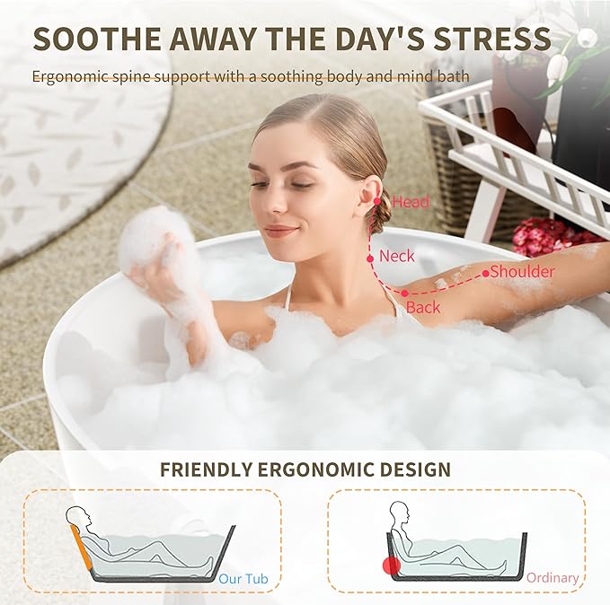 Abruzzo 59" Free Standing Solid Surface Resin Stone Bathtub, Contemporary Oval Soaking Tub with Overflow and Pop-up Drain, cUPC Certified，Matte White