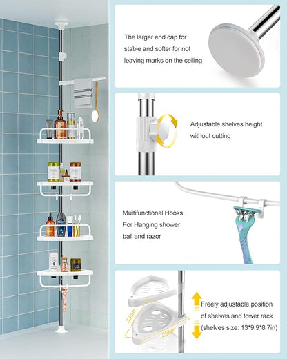 ADOVEL 4 Layer Corner Shower Caddy, Adjustable Shower Shelf, Constant Tension Stainless Steel Pole Organizer, Rustproof 3.3 to 9.8ft
